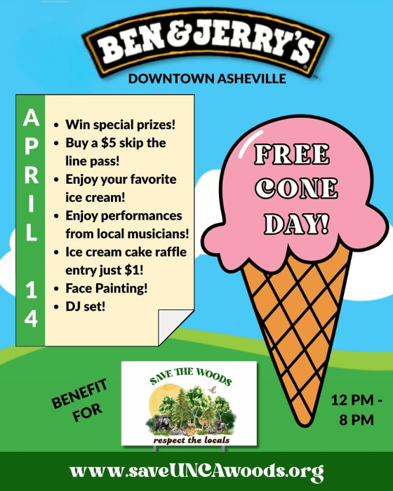 Free Cone Day Benefit for Save the Woods at Downtown Asheville Ben & Jerry's