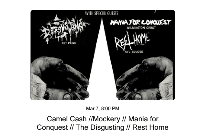 Camel Cash, Mockery, Mania for Conquest, The Disgusting & Rest Home